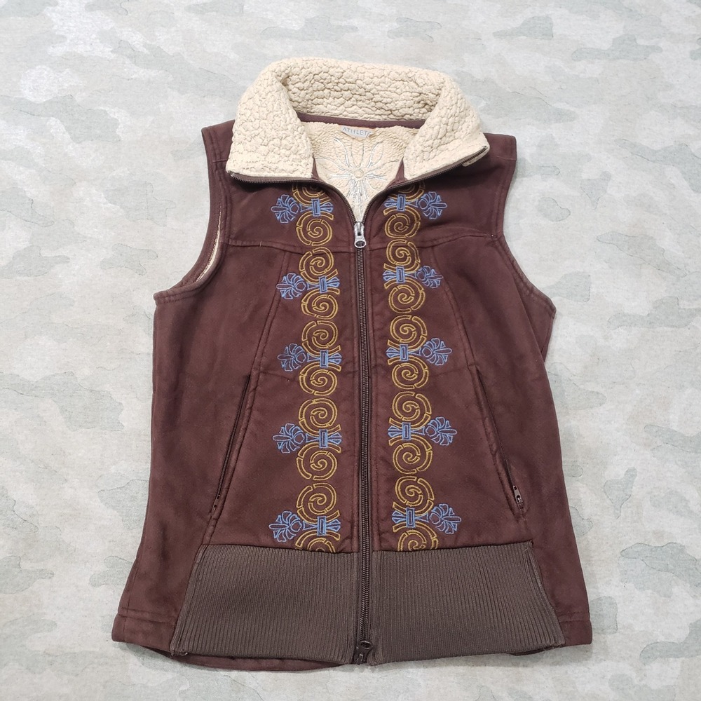 Athleta Vest Womens XS Brown Faux Suede Sherpa Lined Embroidered Full Zip
